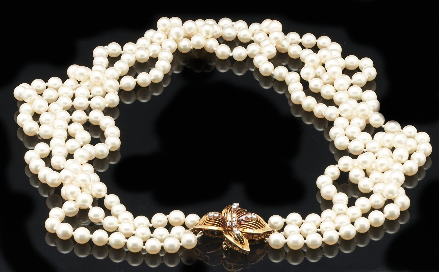 Lot 422: 14K Gold & Diamond Anju 3 Strand Pearl Necklace