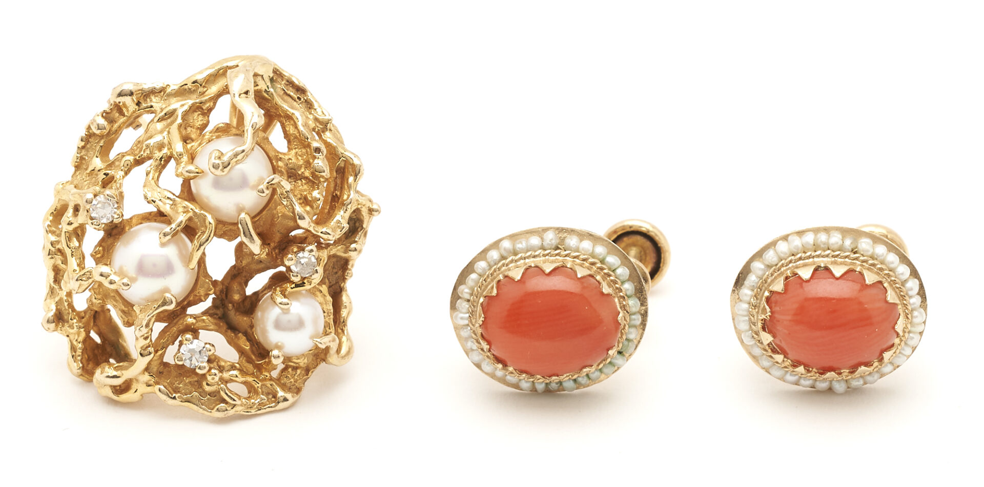 Lot 433: Pearl and Diamond Nugget Brooch plus Red Coral Earrings (2 items)