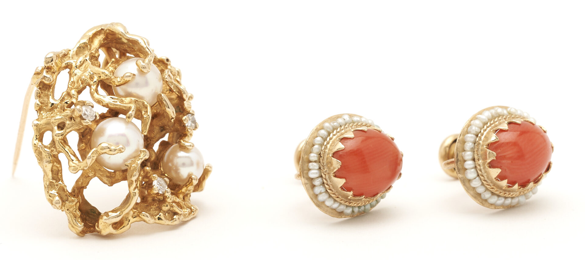 Lot 433: Pearl and Diamond Nugget Brooch plus Red Coral Earrings (2 items)