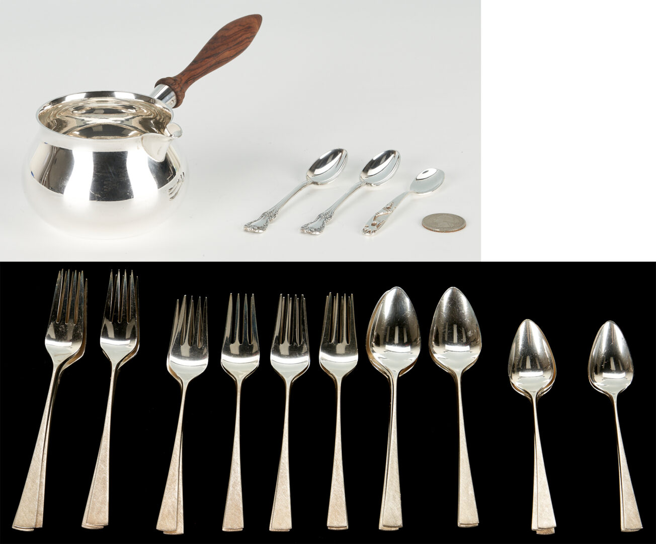 Lot 444: 23 pcs. Reed & Barton Da Vinci Sterling Flatware, Tiffany Brandy Warmer and 3 Towle Demitasse spoons