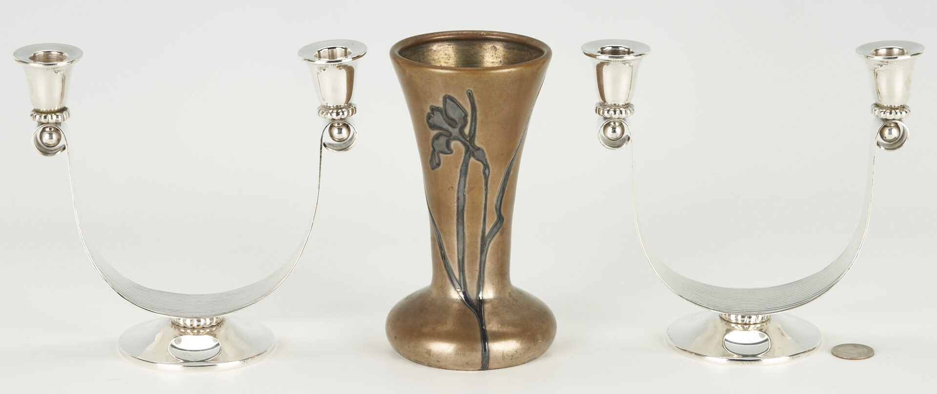 Lot 452: Pair Danish Modern Silver Candelabra & Heinz Mixed Metal Vase