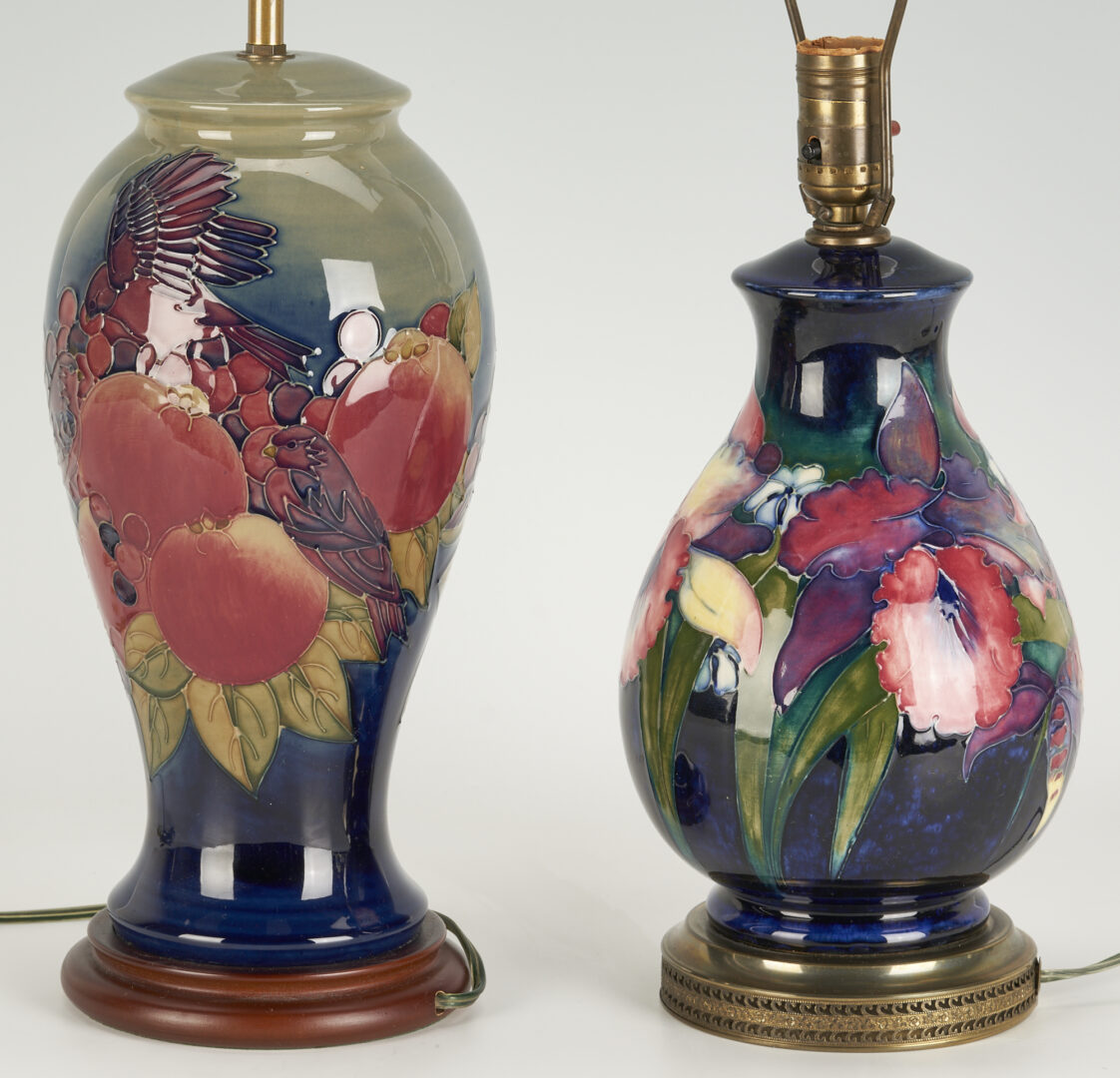 Lot 457: 2 Moorcroft Pottery Lamps, incl. Orchid & Finches