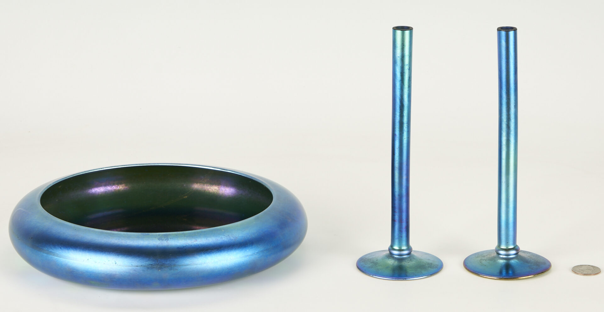 Lot 463: Steuben Blue Aurene Bowl & Pair of Candlesticks