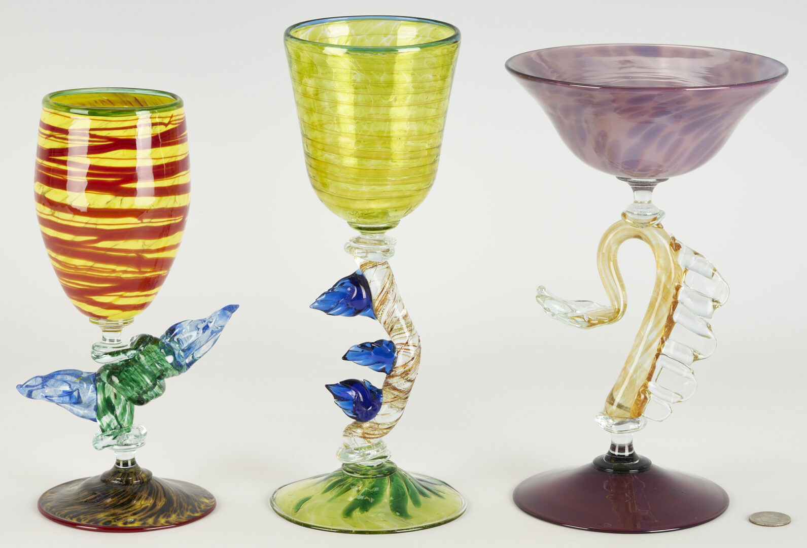 Lot 468: 3 Murano Style Art Glass Goblets & 3 Art Glass Sculptures