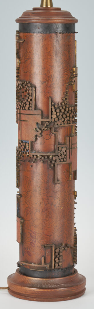 Lot 470: Mid-Century Brutalist Tall Cylindrical Wood Table Lamp