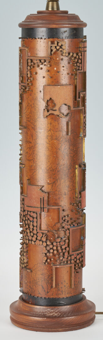Lot 470: Mid-Century Brutalist Tall Cylindrical Wood Table Lamp
