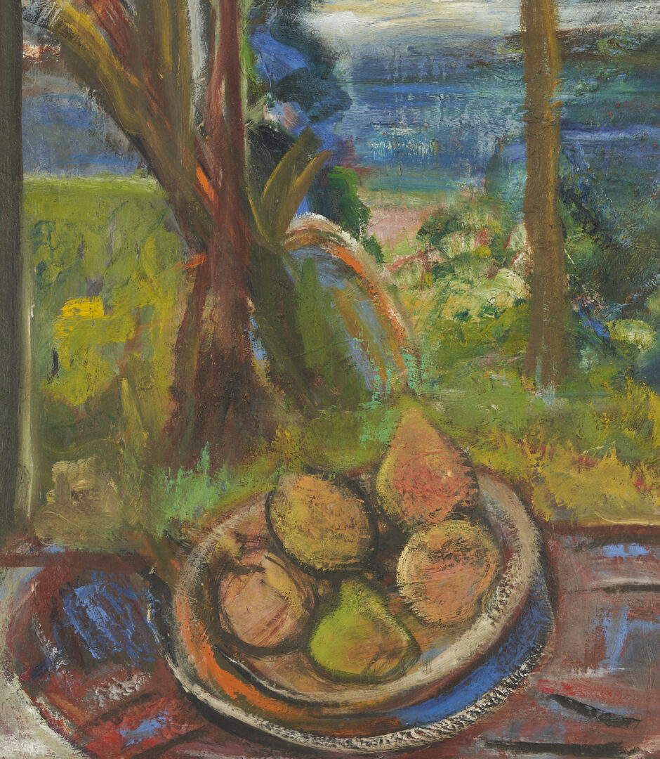 Lot 488: Edith Blum Large Modernist O/B, Still Life w/ Pears