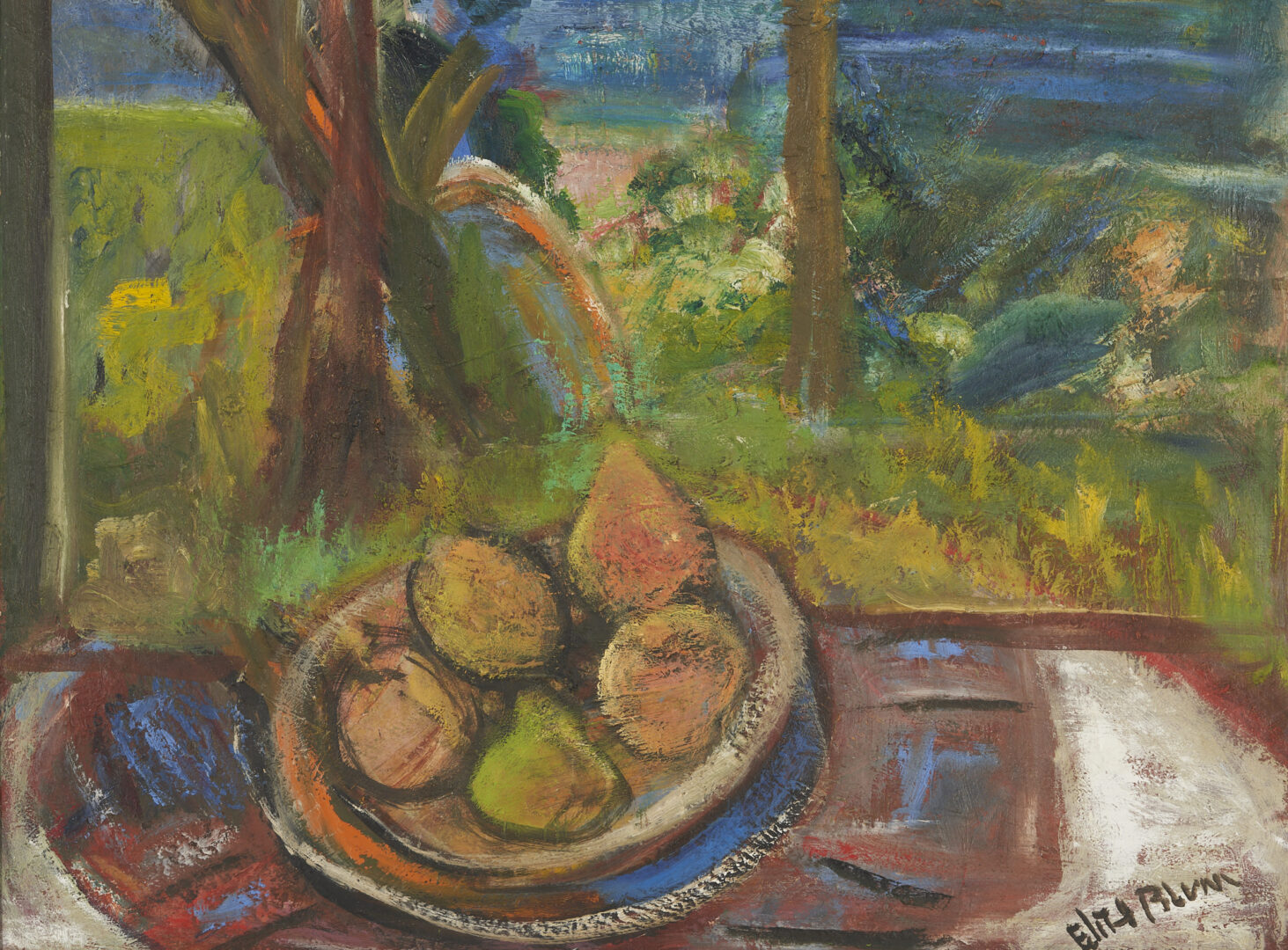 Lot 488: Edith Blum Large Modernist O/B, Still Life w/ Pears