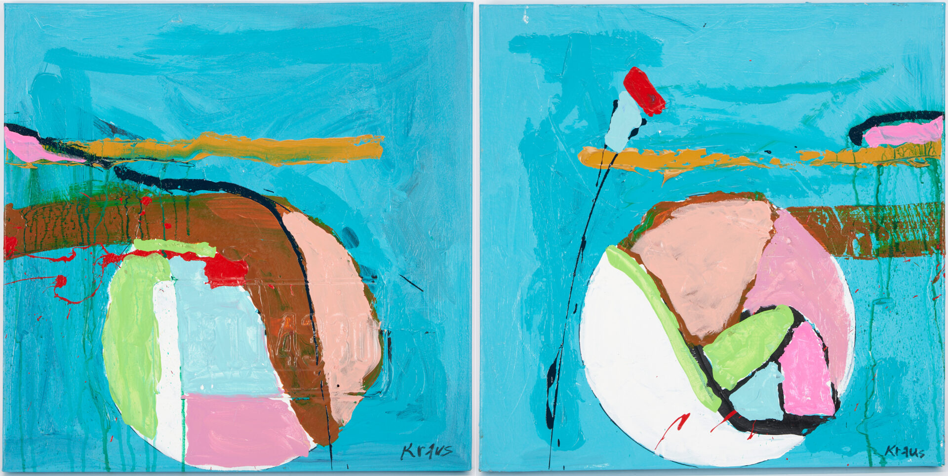 Lot 512: Pair of Harold Kraus abstract paintings, Circles