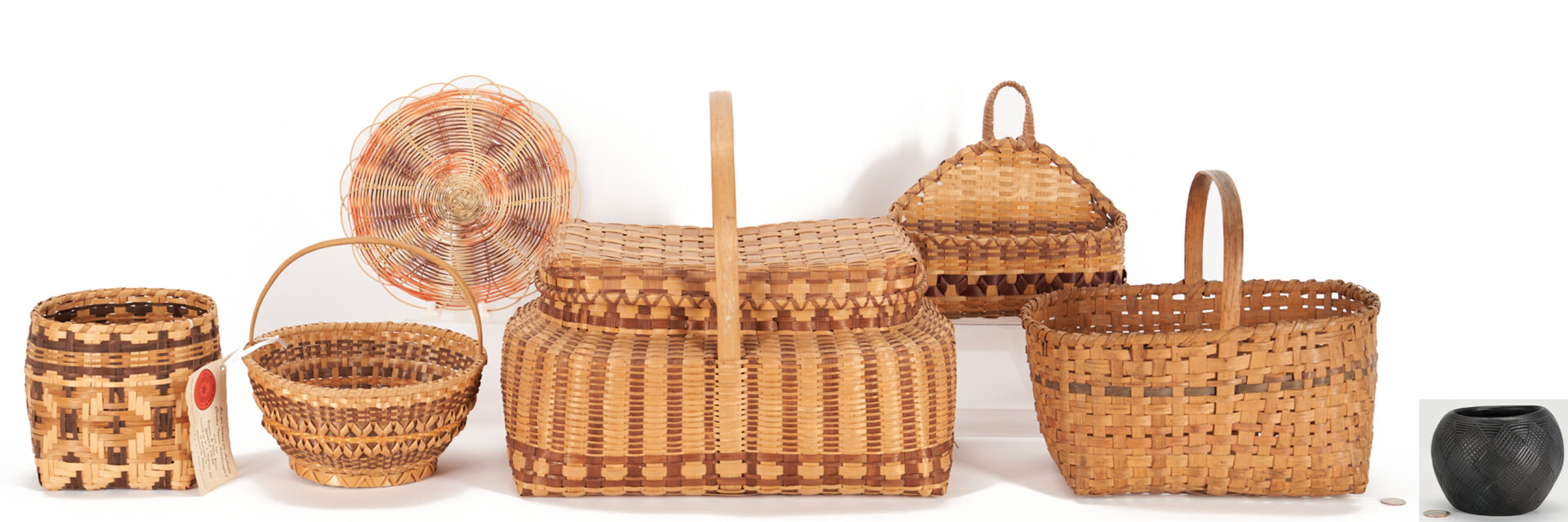 Lot 545: 6 Native American Cherokee Baskets and 1 Jar