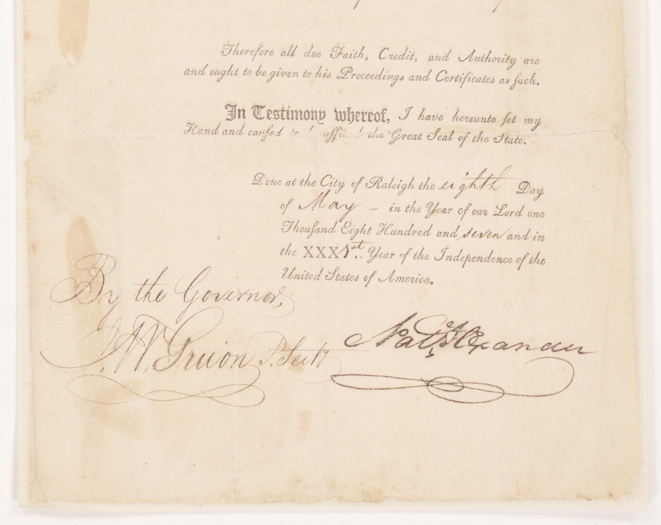 Lot 567: Rare 1807 NC Gov. Nathaniel Alexander Signed Certification of Will White