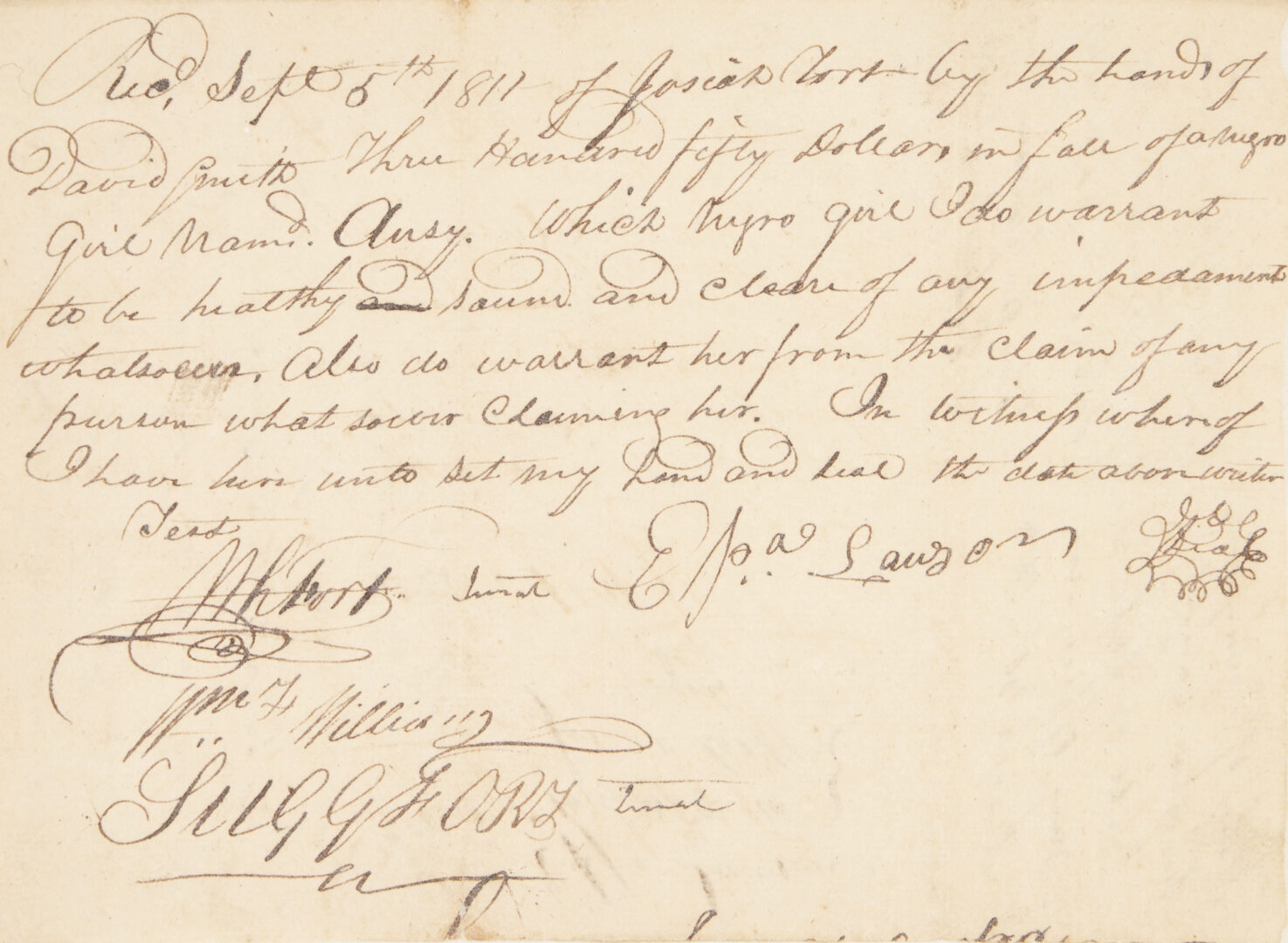Lot 568: Fort Family of NC/TN Archive, 19 items including Slave Receipts, Land Grants