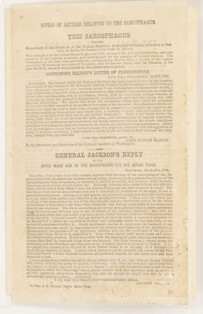 Lot 572: Cdre. Jesse D. Elliott ALS and Sarcophagus Print, Andrew Jackson & USS Constitution elated
