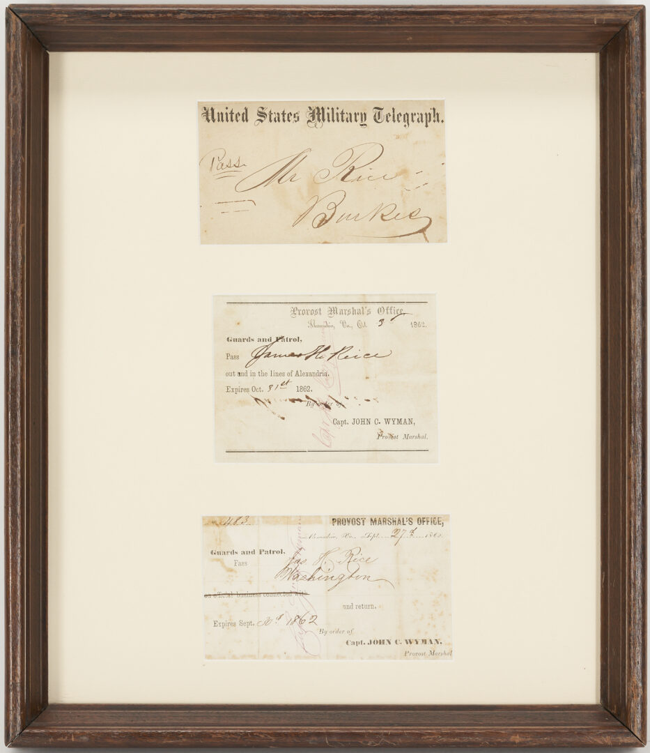 Lot 585: Three Framed Civil War Passes, incl. Burke’s Station, VA, Military Telegraph Pass