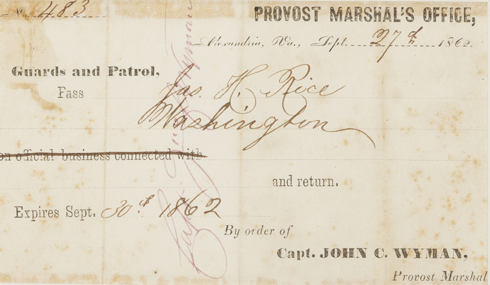 Lot 585: Three Framed Civil War Passes, incl. Burke’s Station, VA, Military Telegraph Pass