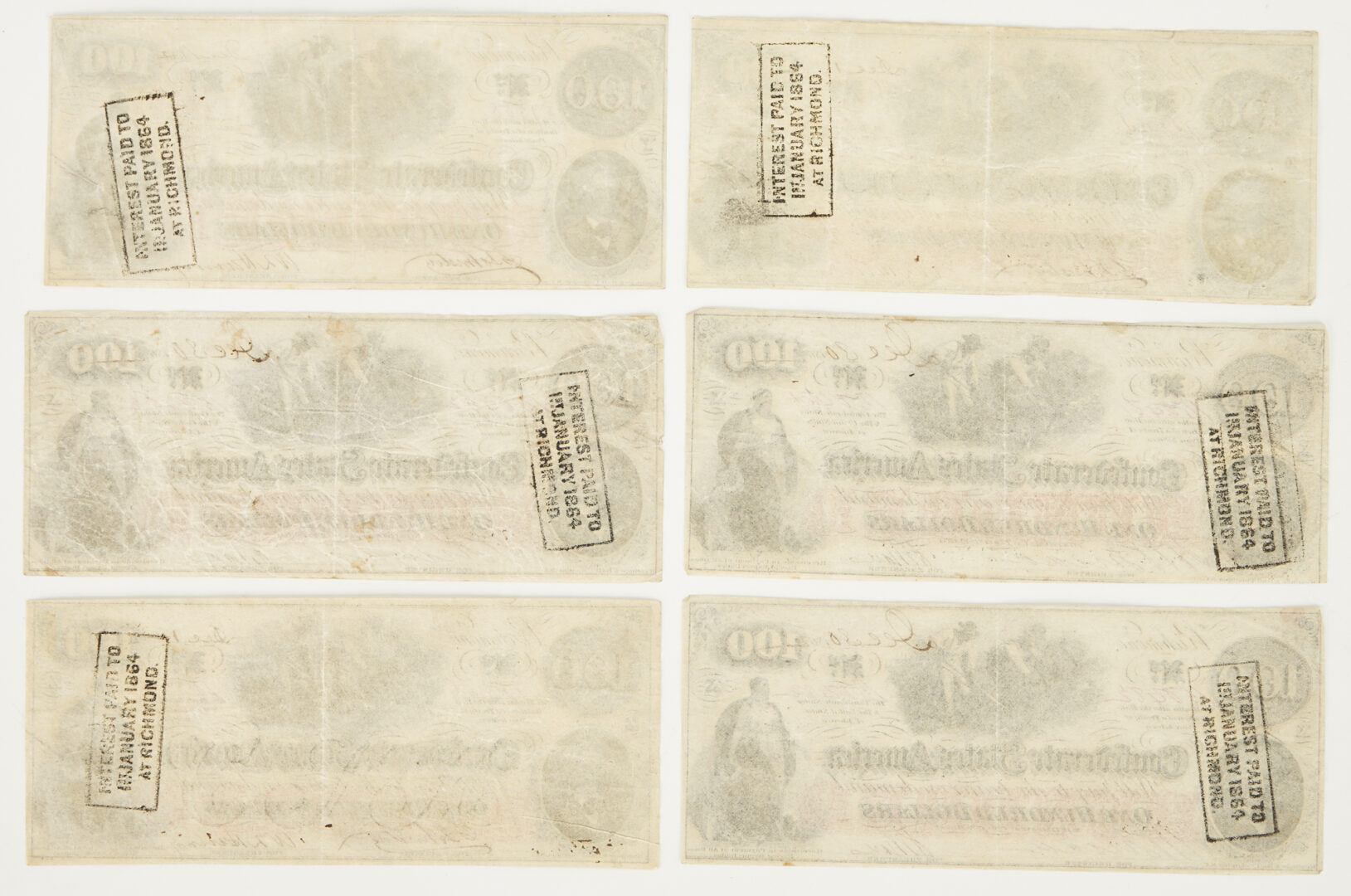 Lot 586: 6 1862 Virginia $100 CSA Currency Notes