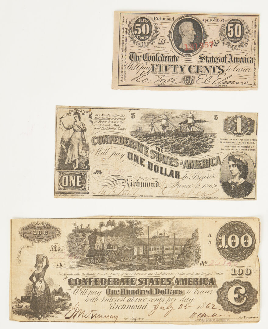 Lot 587: 9 CSA Obsolete Currency Notes, incl. $100 Train