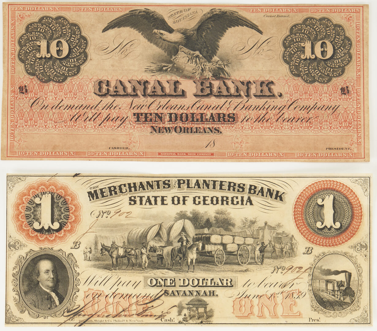 Lot 588: 11 Southern Obsolete Currency Notes, incl. GA, NC, SC & LA