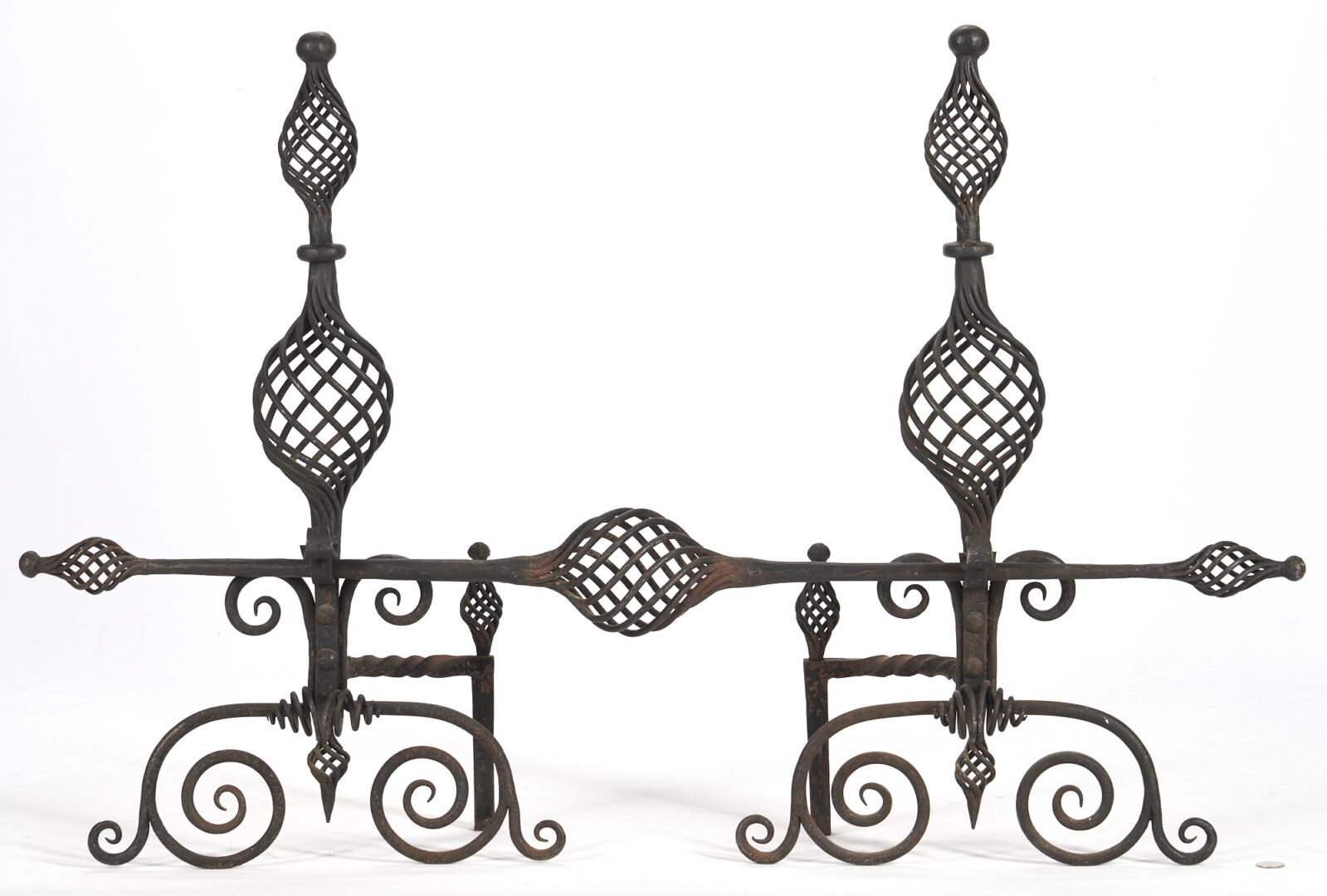Lot 5: Pair Yellin Style Wrought Iron Andirons and Fender Bar