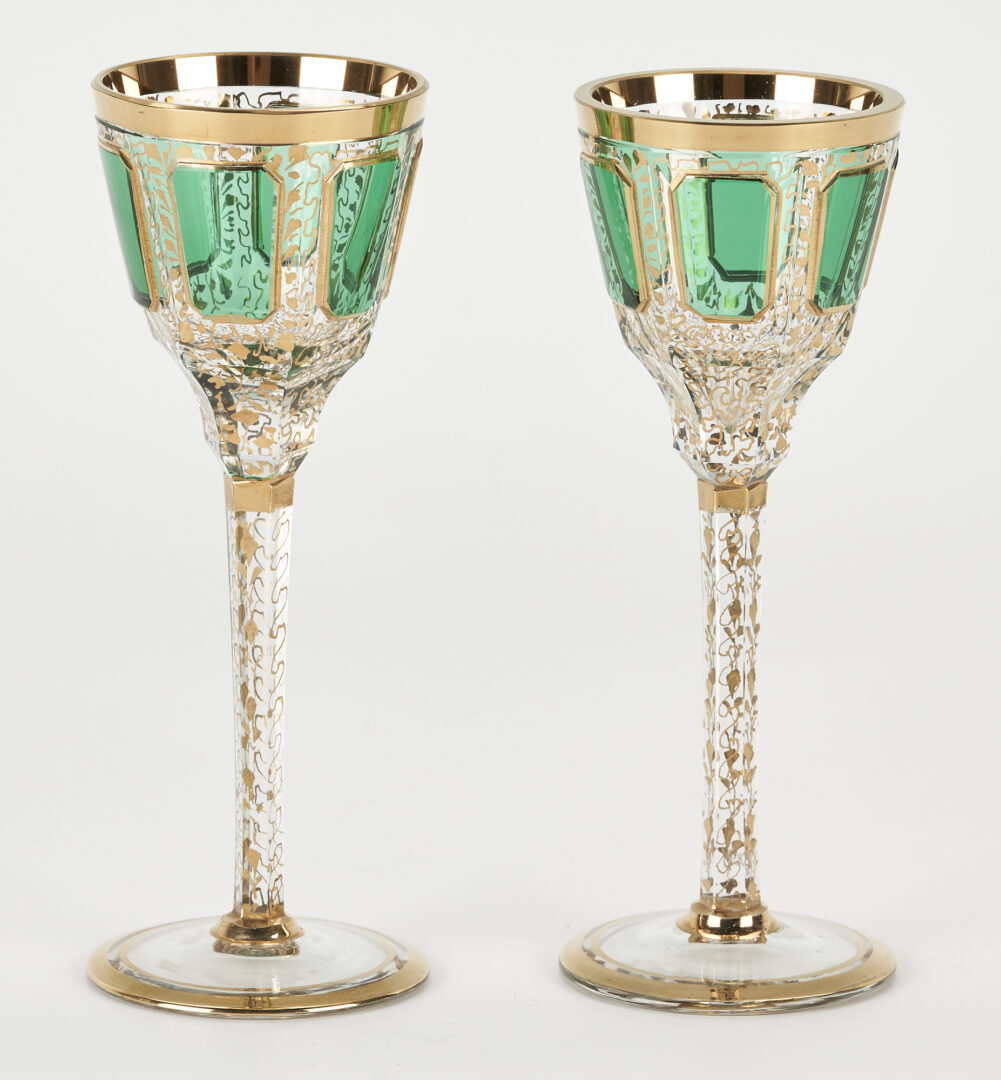 Lot 61: Moser Style Bohemian Green Glass Cabochon Decanter Set + 1 Goblet