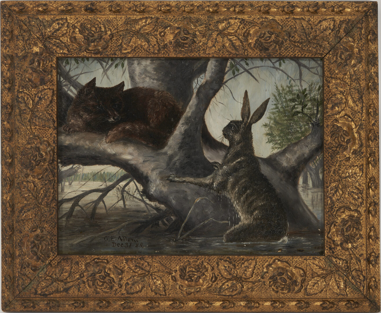 Lot 635: Rabbit and Fox During a Flood O/B Painting, after Ludwig Beckmann, 1885
