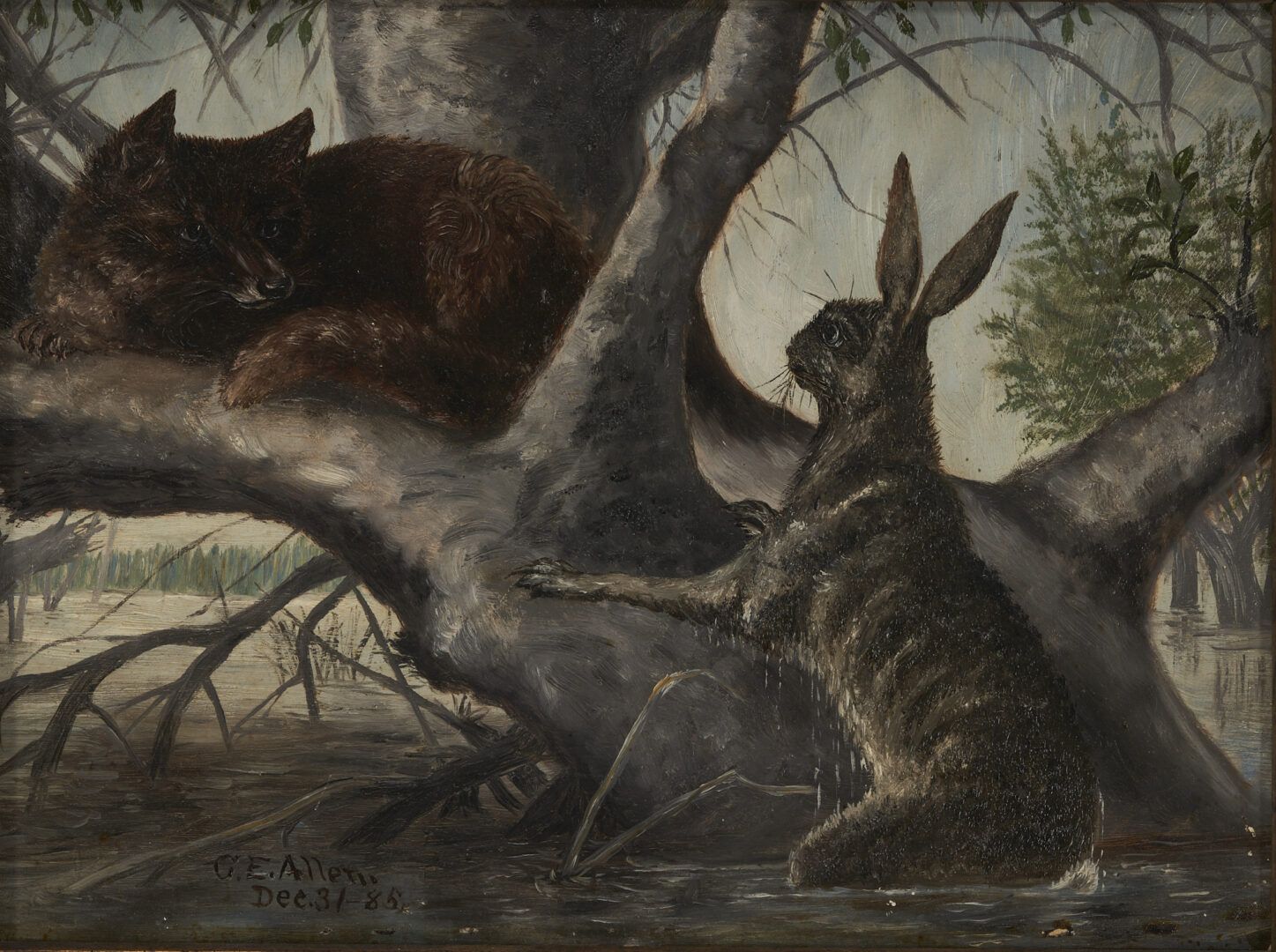Lot 635: Rabbit and Fox During a Flood O/B Painting, after Ludwig Beckmann, 1885