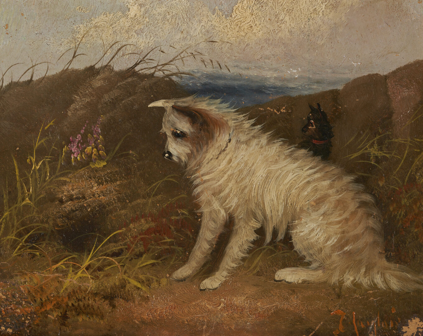 Lot 636: J. Langlois English O/B Painting of Terriers Hunting