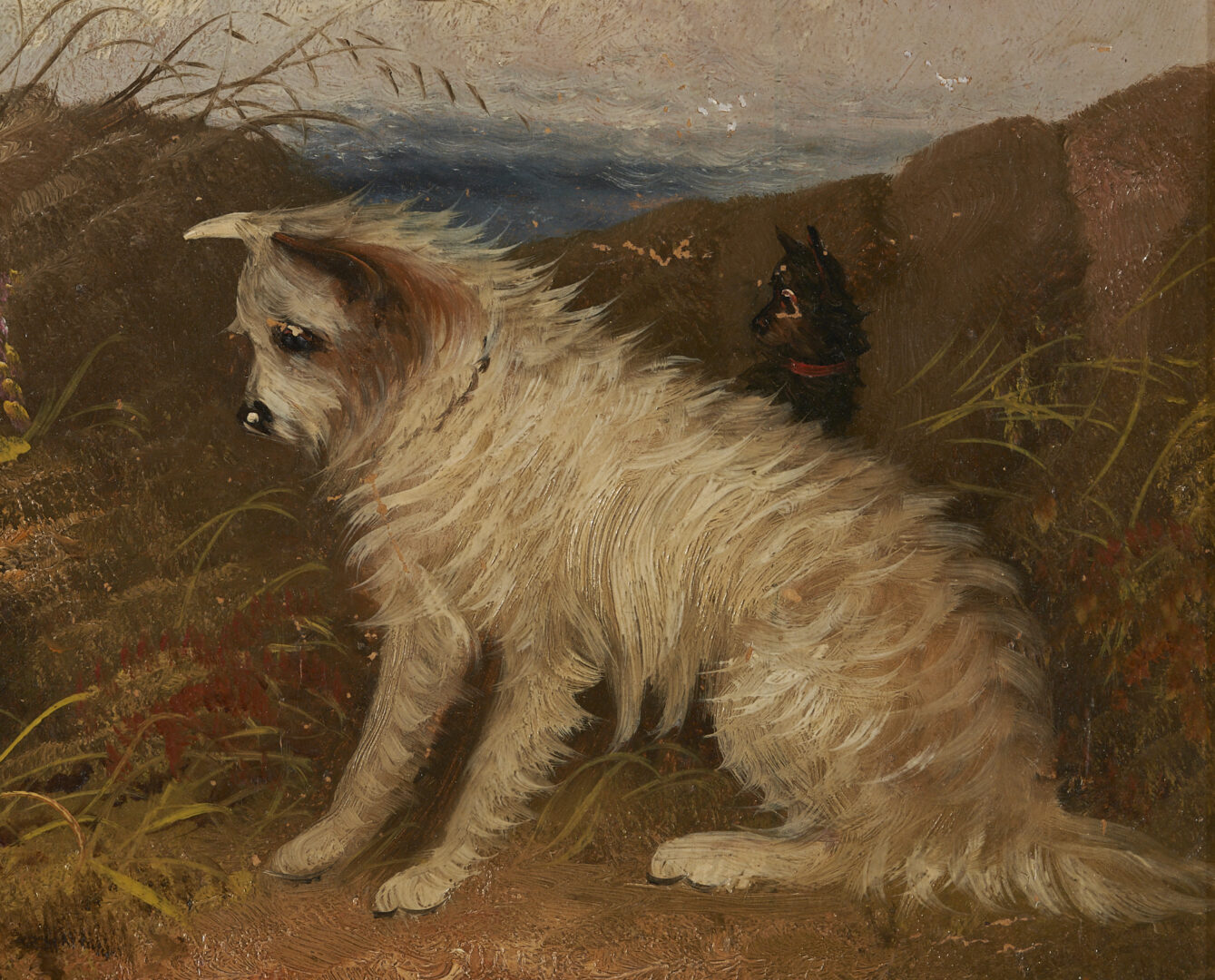 Lot 636: J. Langlois English O/B Painting of Terriers Hunting