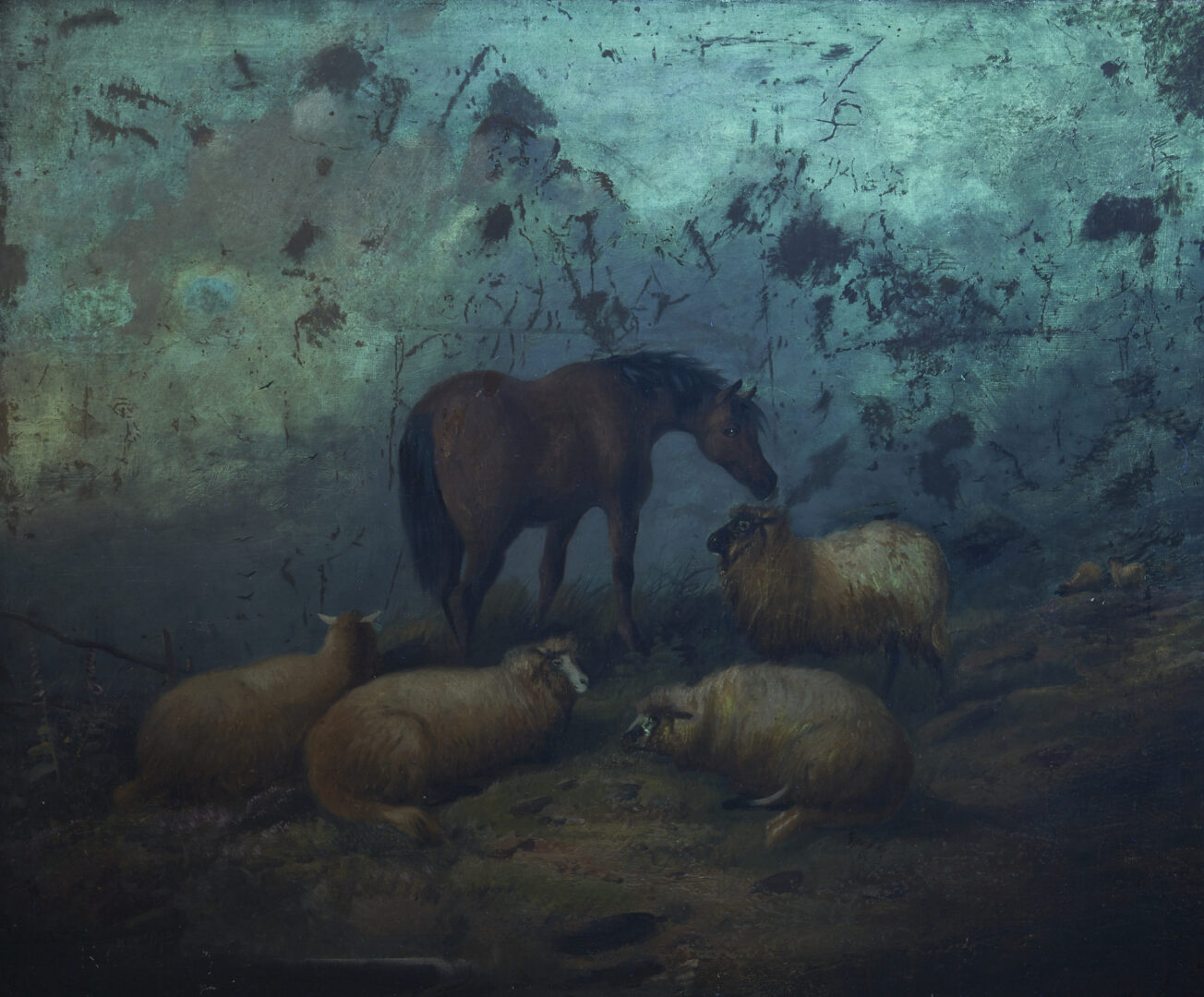 Lot 642: British School O/C Pastoral Painting of Sheep & Horse, 19th C.