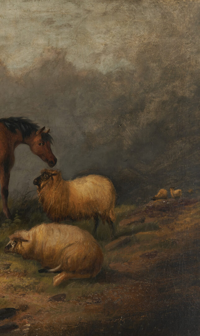 Lot 642: British School O/C Pastoral Painting of Sheep & Horse, 19th C.