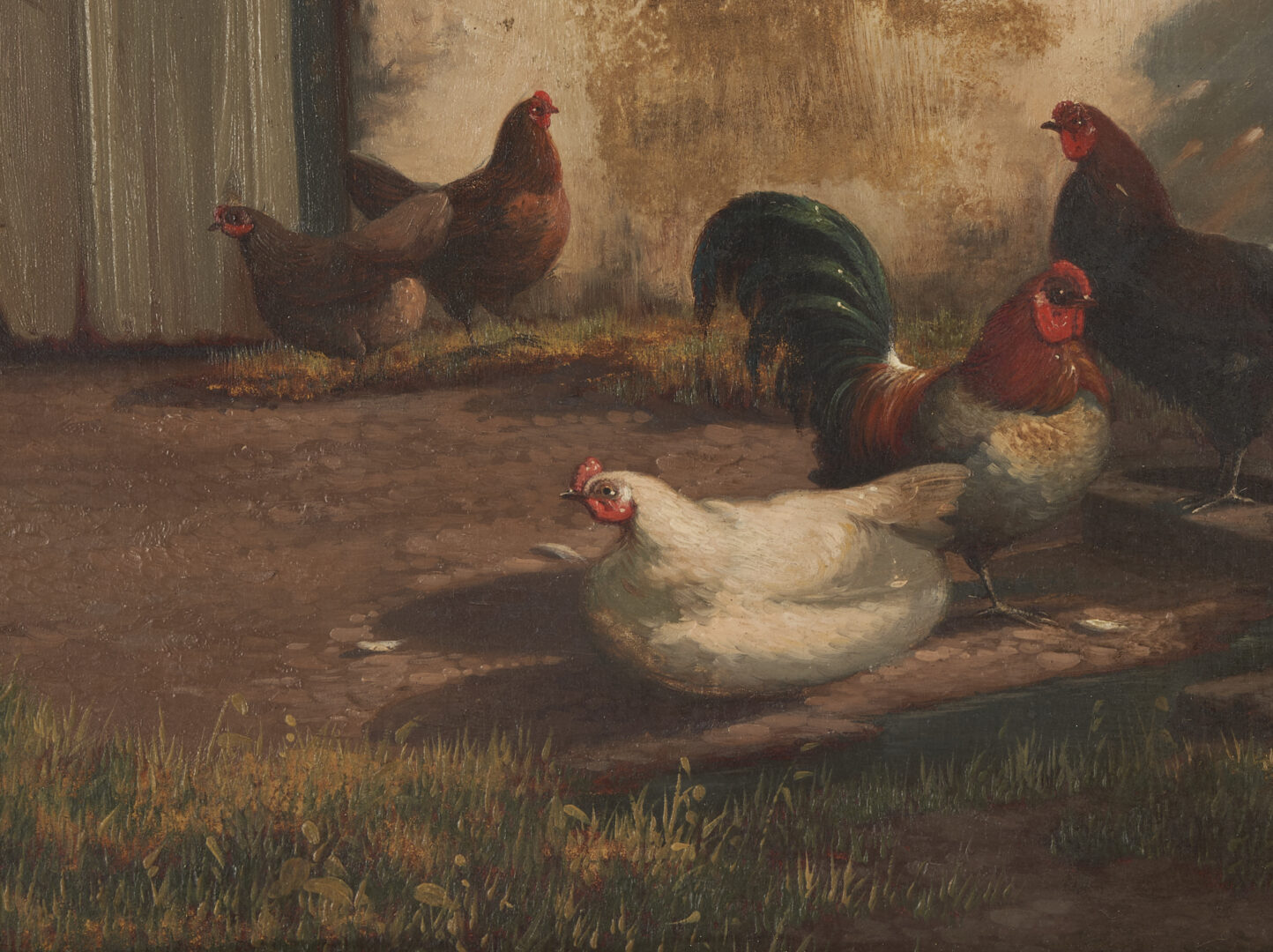 Lot 643: J. L. Van Leemputten O/P, Chickens in a Farmyard, 1871