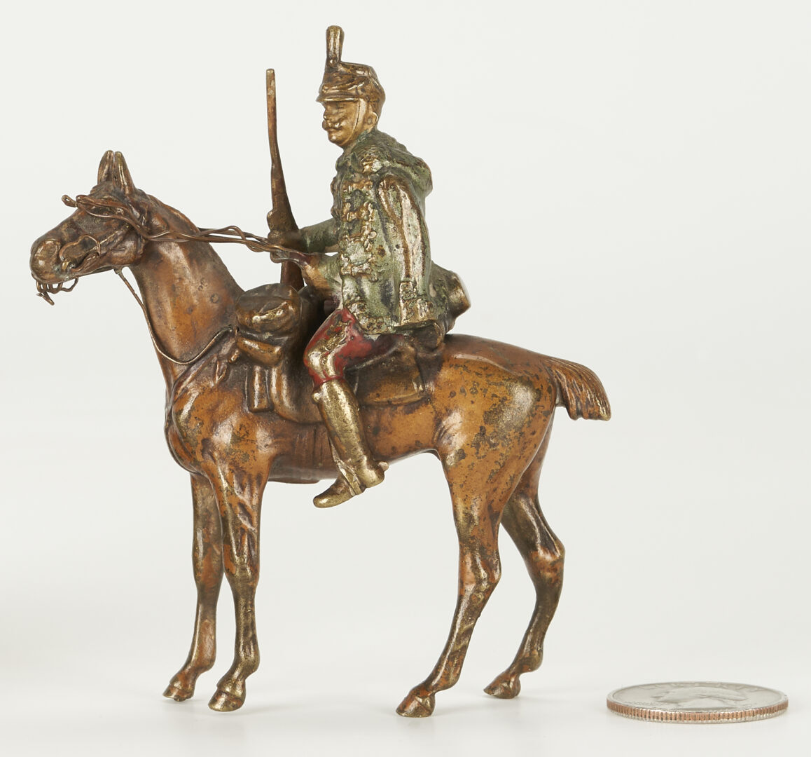 Lot 645: Bronze Fox inkwell Plus Cold Painted Bronze Soldier on Horseback