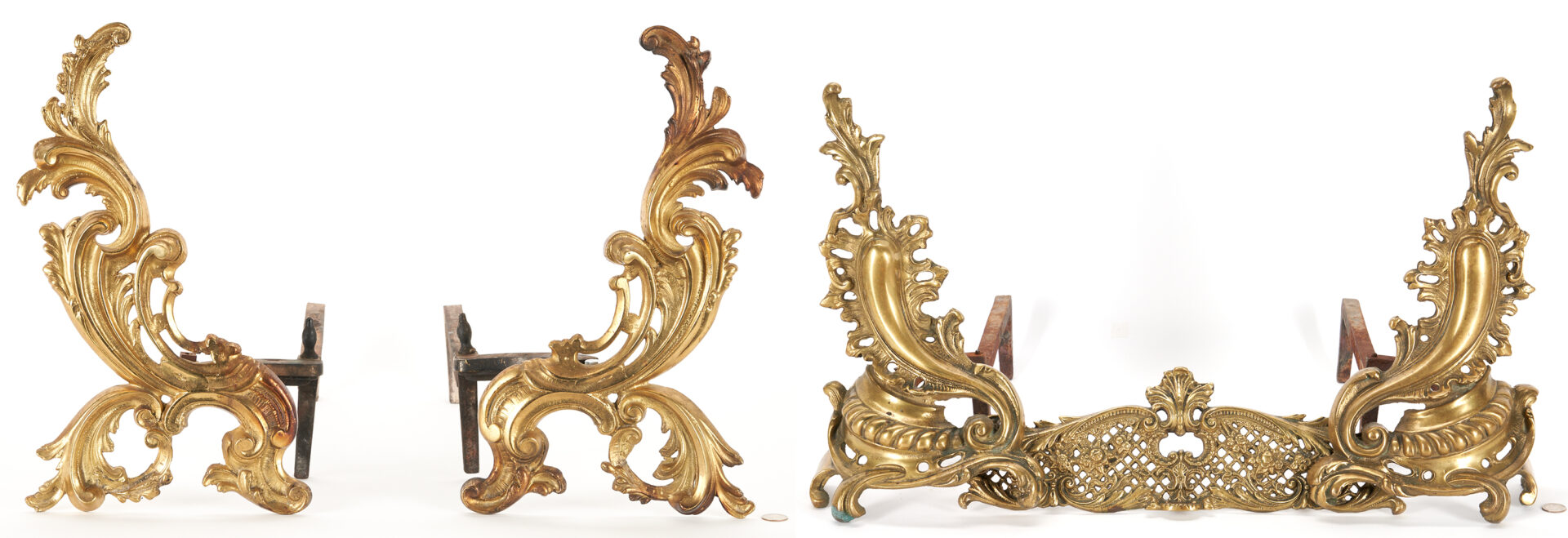 Lot 646: Pr. of French Bronze Louis XV Style Andirons w/ Fender & Pr. Rococo Chenets