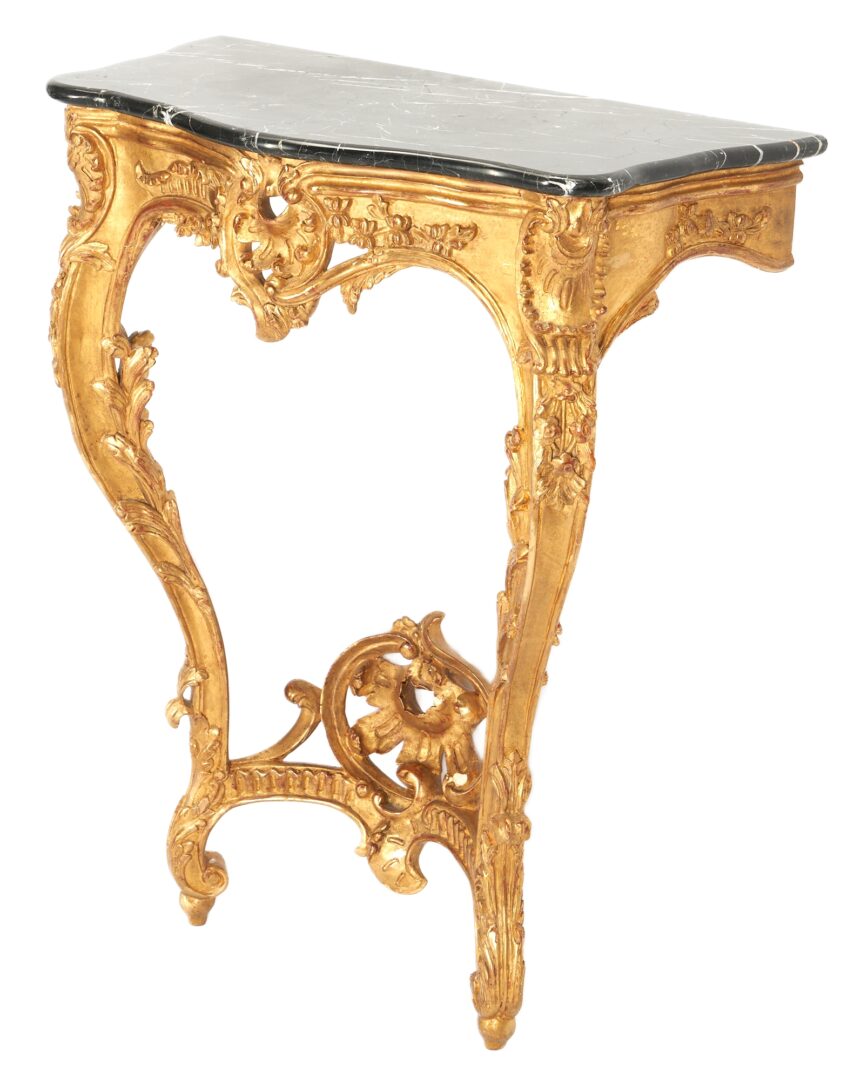Lot 648: Small Louis XV style Giltwood Console Table, Black Marble Top