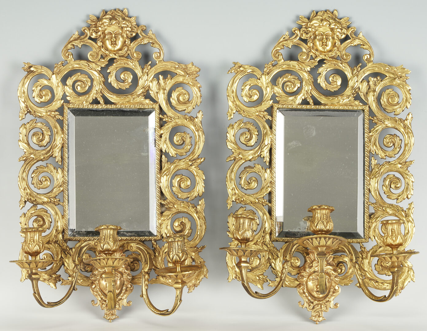 Lot 649: Pr. French Louis XV Style Gilt Bronze Mirrored Wall Sconces