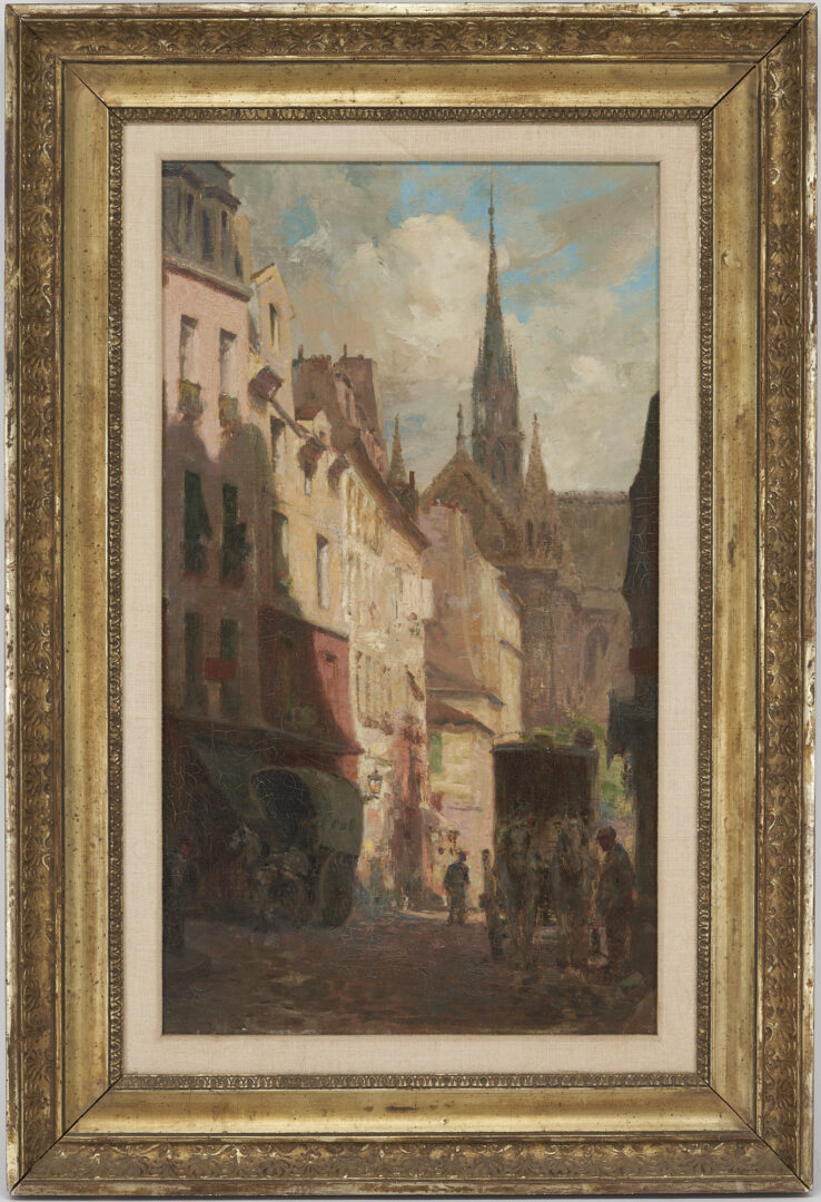 Lot 654: Fernand Guey O/C Painting, Paris Street w/ Spire of Notre Dame