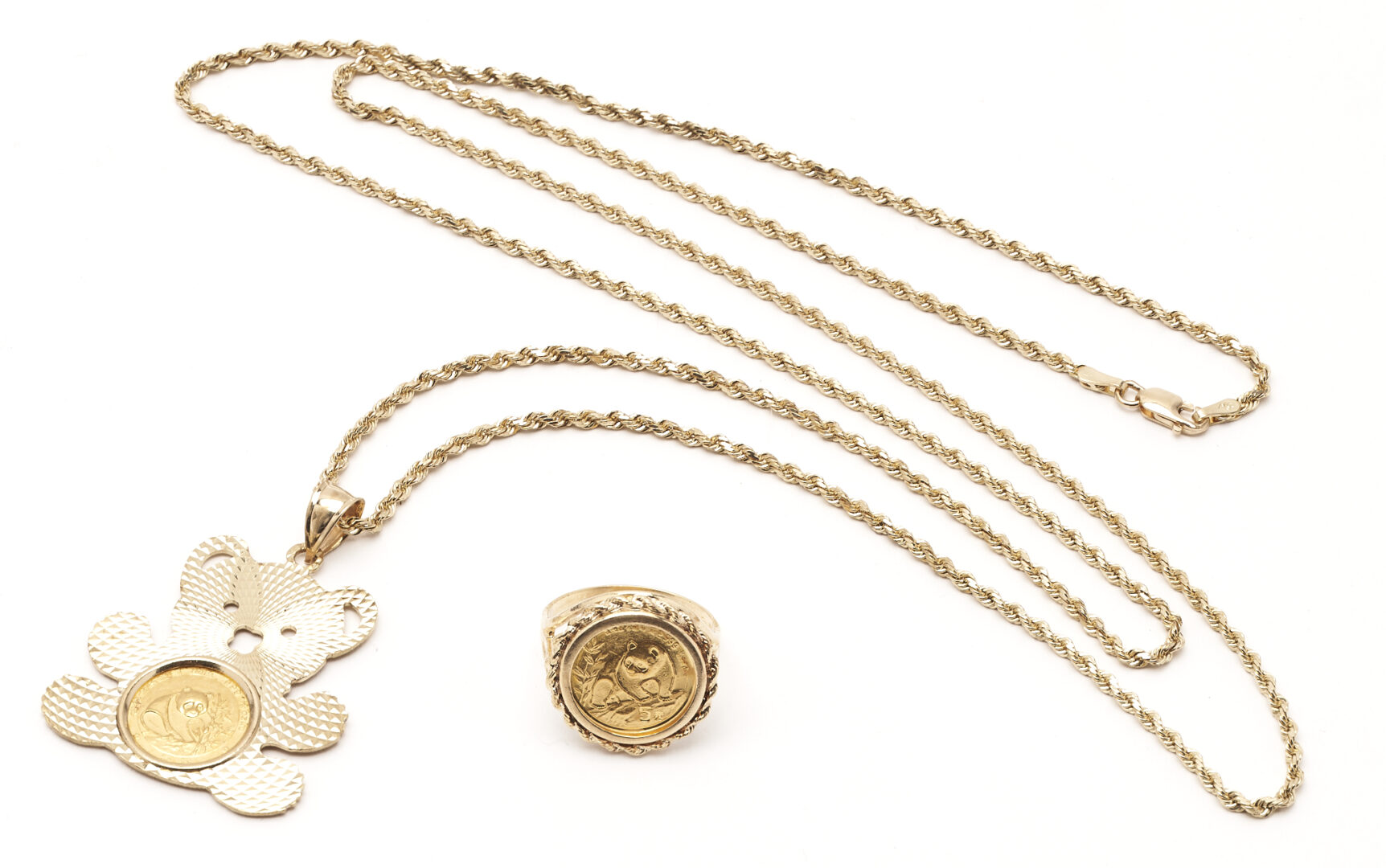 Lot 65: 14K Necklace & Ring w/ Chinese Panda Gold Coins