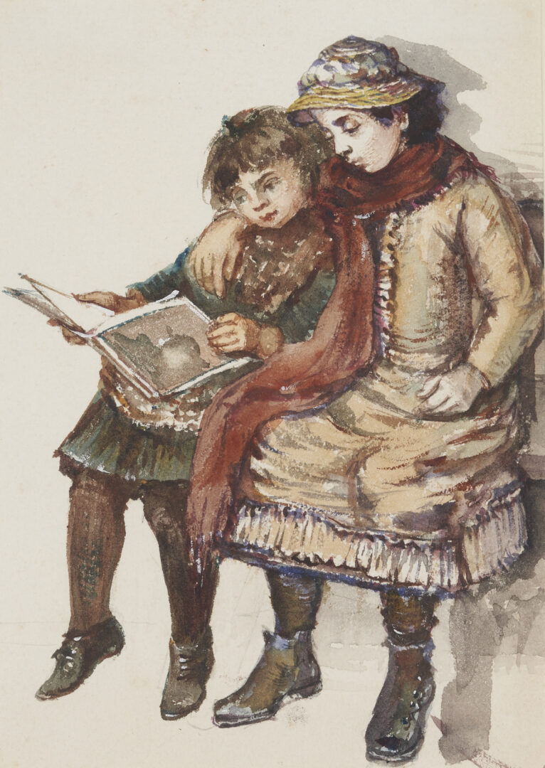 Lot 661: Edward Deanes Watercolor, Two Girls Reading