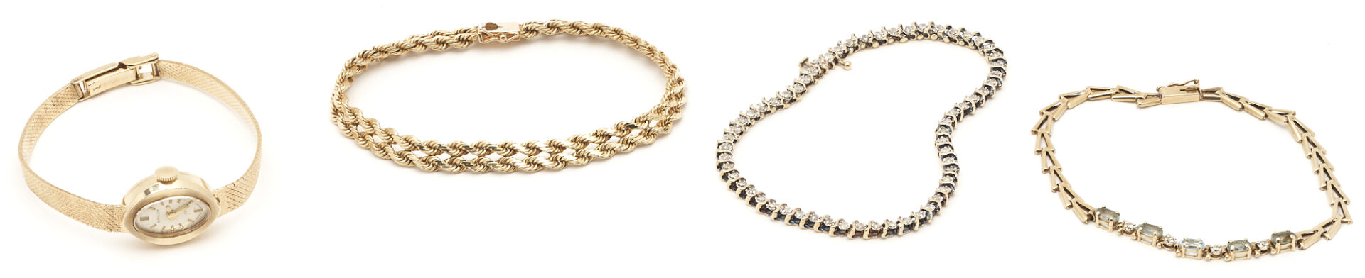 Lot 66: 4 Jewelry Items, 3 Gold & Gemstone Bracelets,  14K Ladies' Baylor Watch