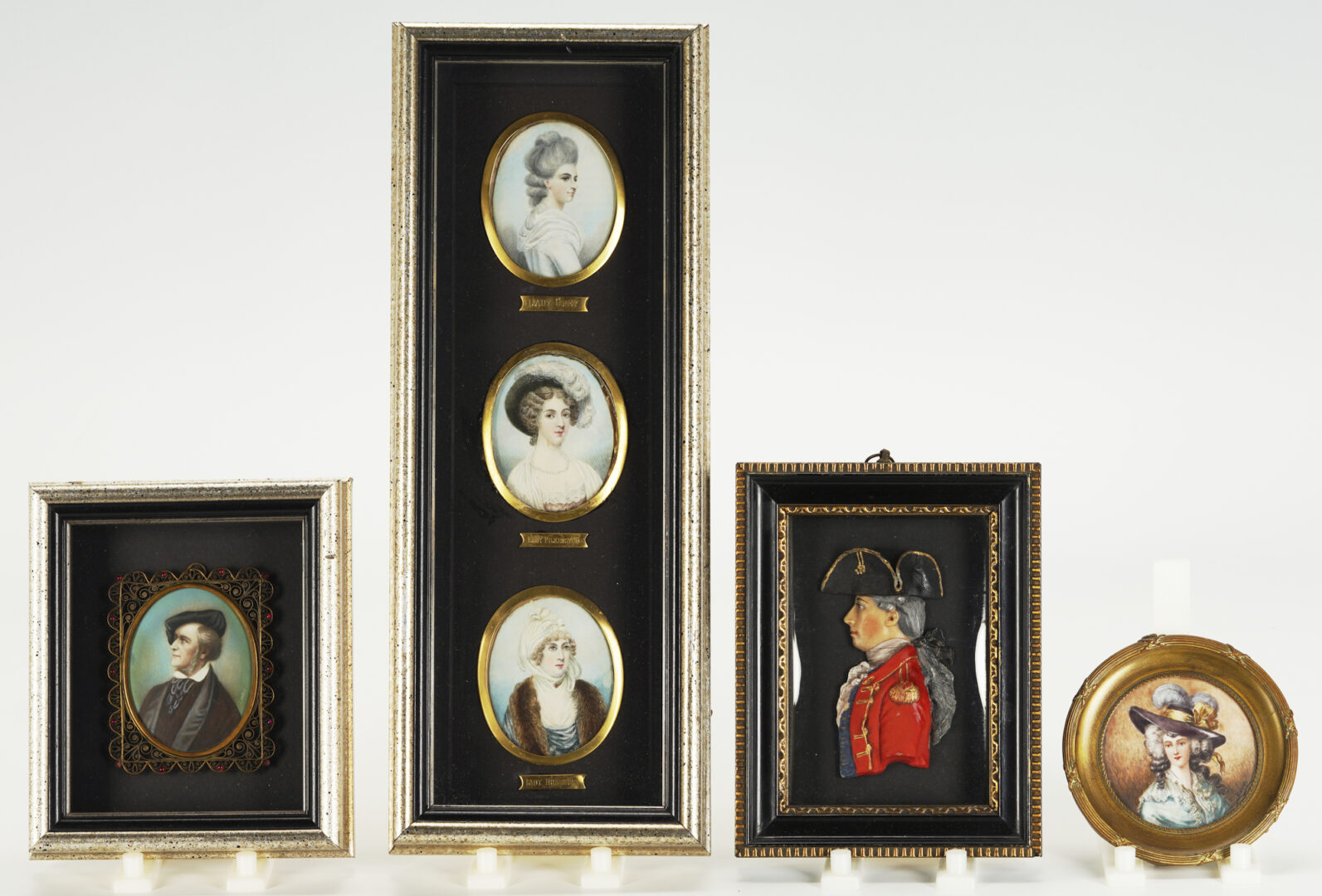 Lot 670: 6 Miniature Portraits, mostly English, incl. Wax Relief of Redcoat