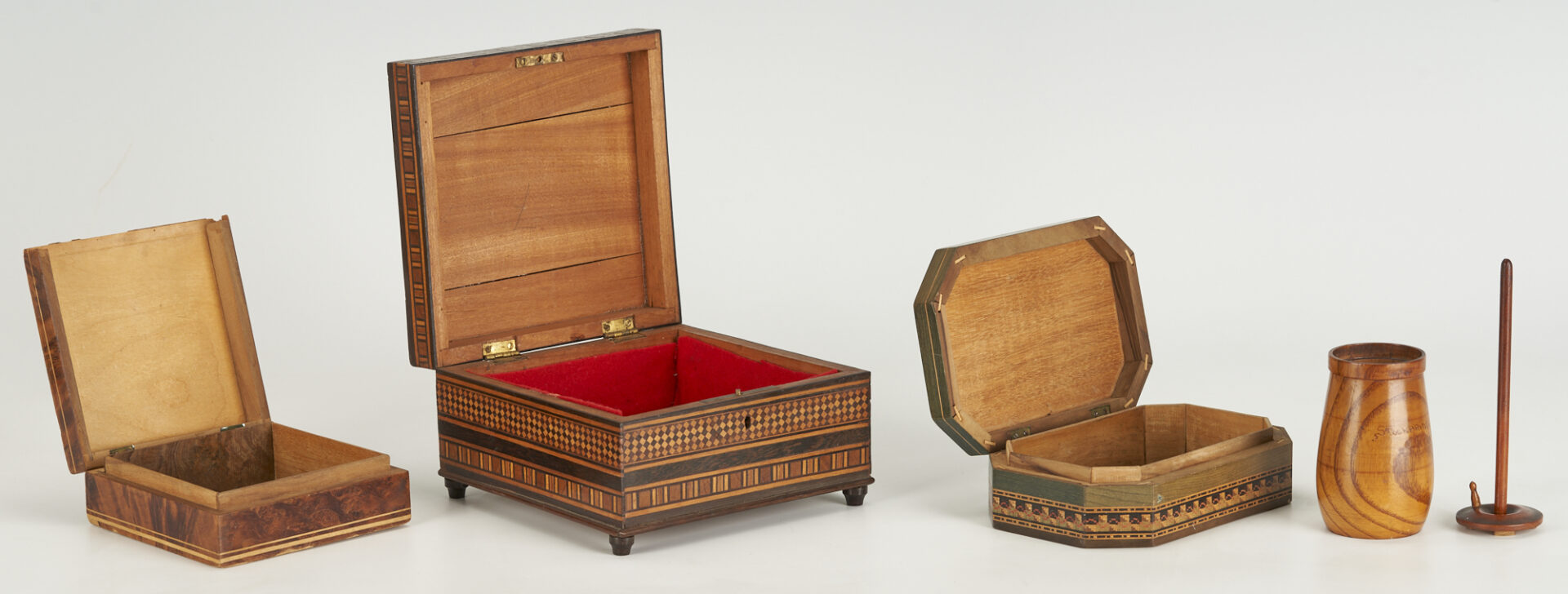 Lot 6: 3 Inlaid Boxes & Miniature Butter Churn