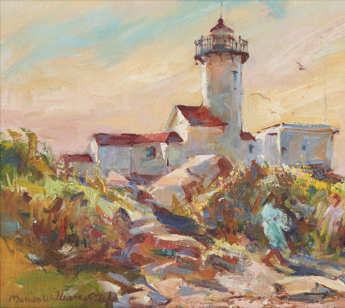 Lot 718: Marian W. Steele Lighthouse at Dawn Oil Painting