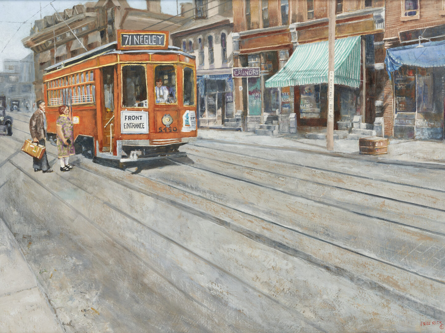 Lot 721: Fritz Keck City Scene Painting, Pittsburgh Trolley