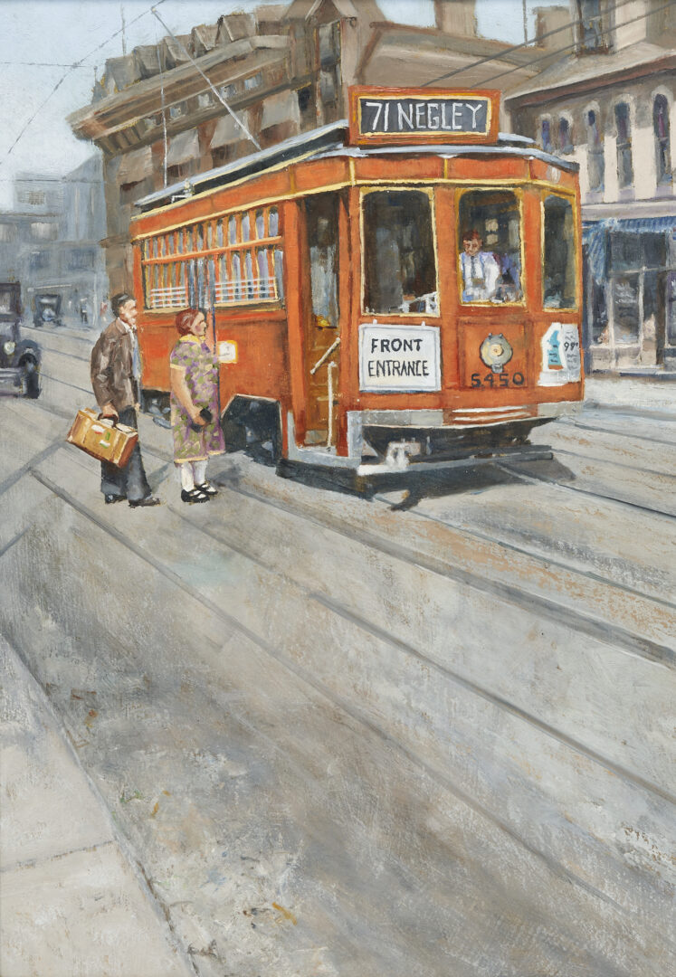 Lot 721: Fritz Keck City Scene Painting, Pittsburgh Trolley
