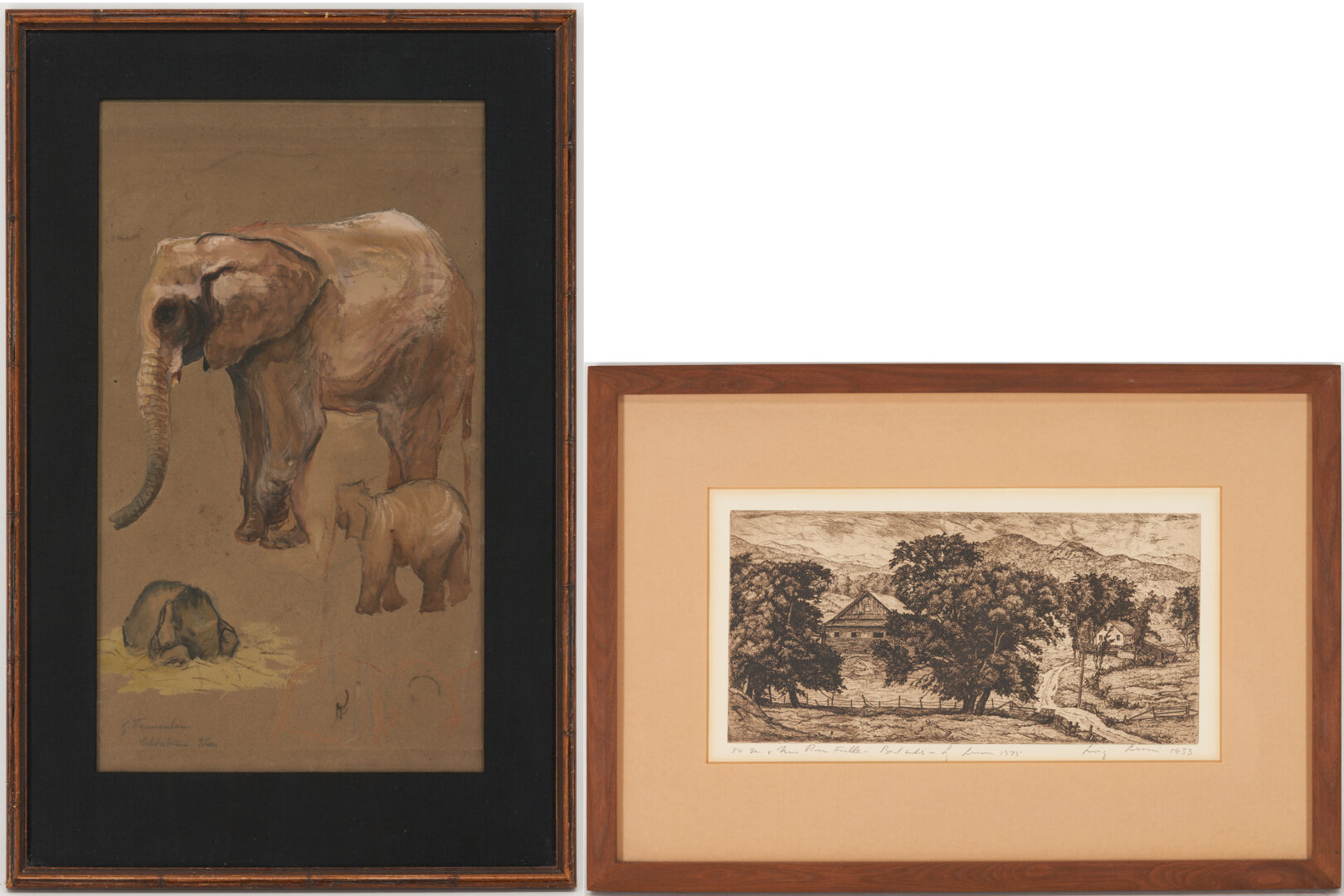 Lot 724: Two Works on Paper, Vienna Zoo Elephant W/C plus Lucioni Etching, Stowe Hollow/Vermont Farm