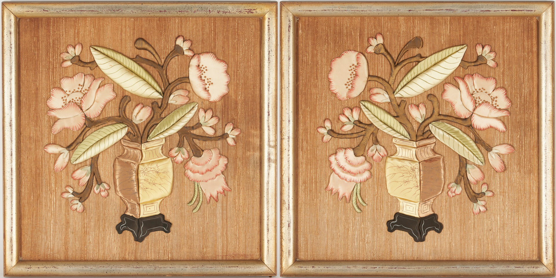 Lot 725: Pair William E. Fager Chinese Duiling Style Painted Silk Floral Panels