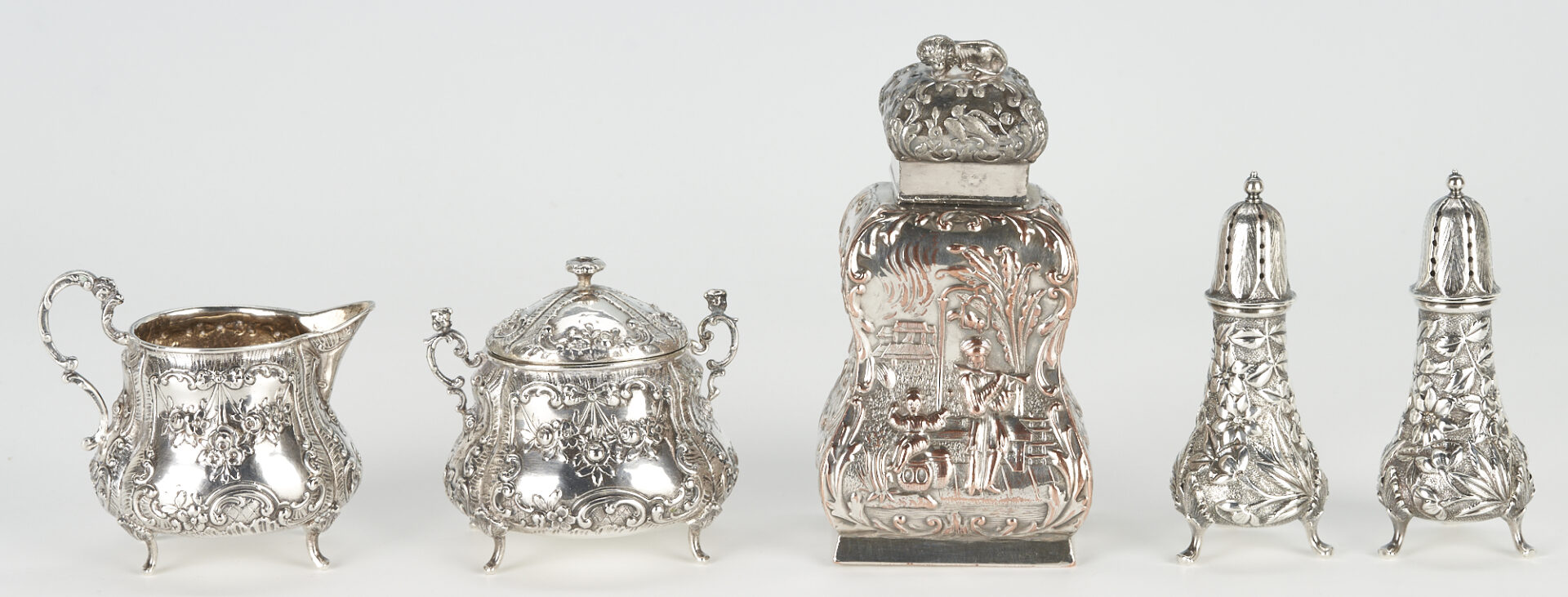 Lot 729: 8 pcs. assorted Silver Holloware incl. Chinoiserie Tea Caddy
