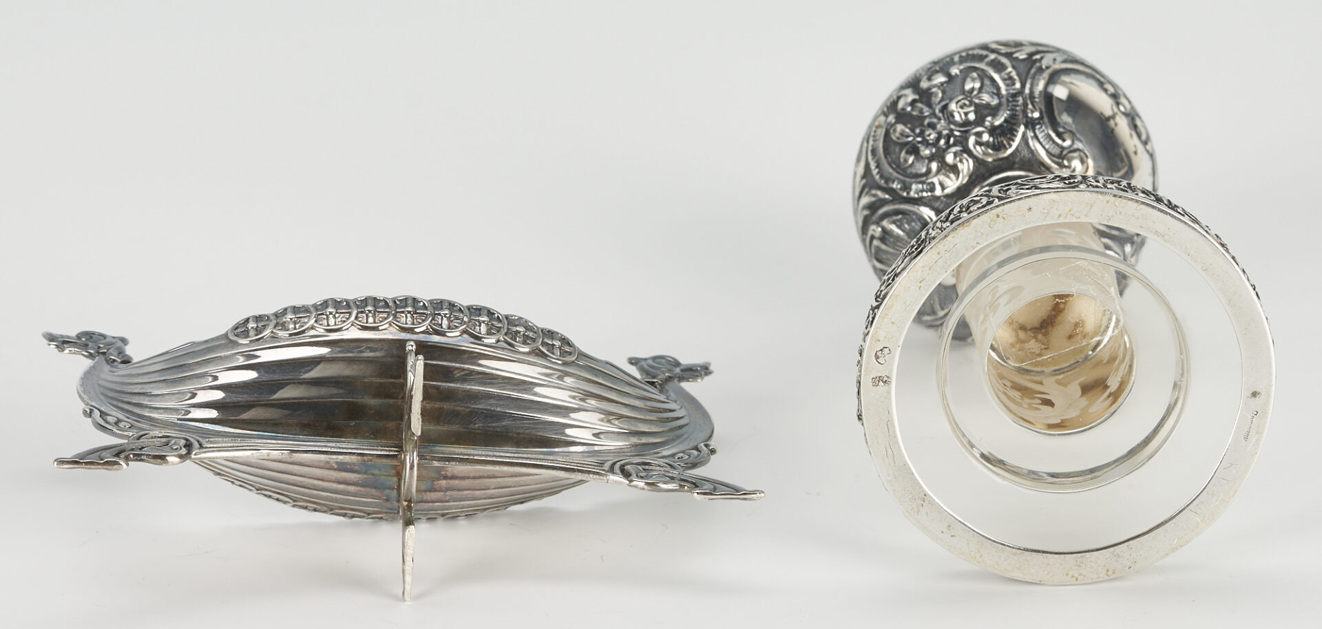 Lot 731: German Silver crystal Oil Lamp & Norwegian Figural Silver Salt Dish