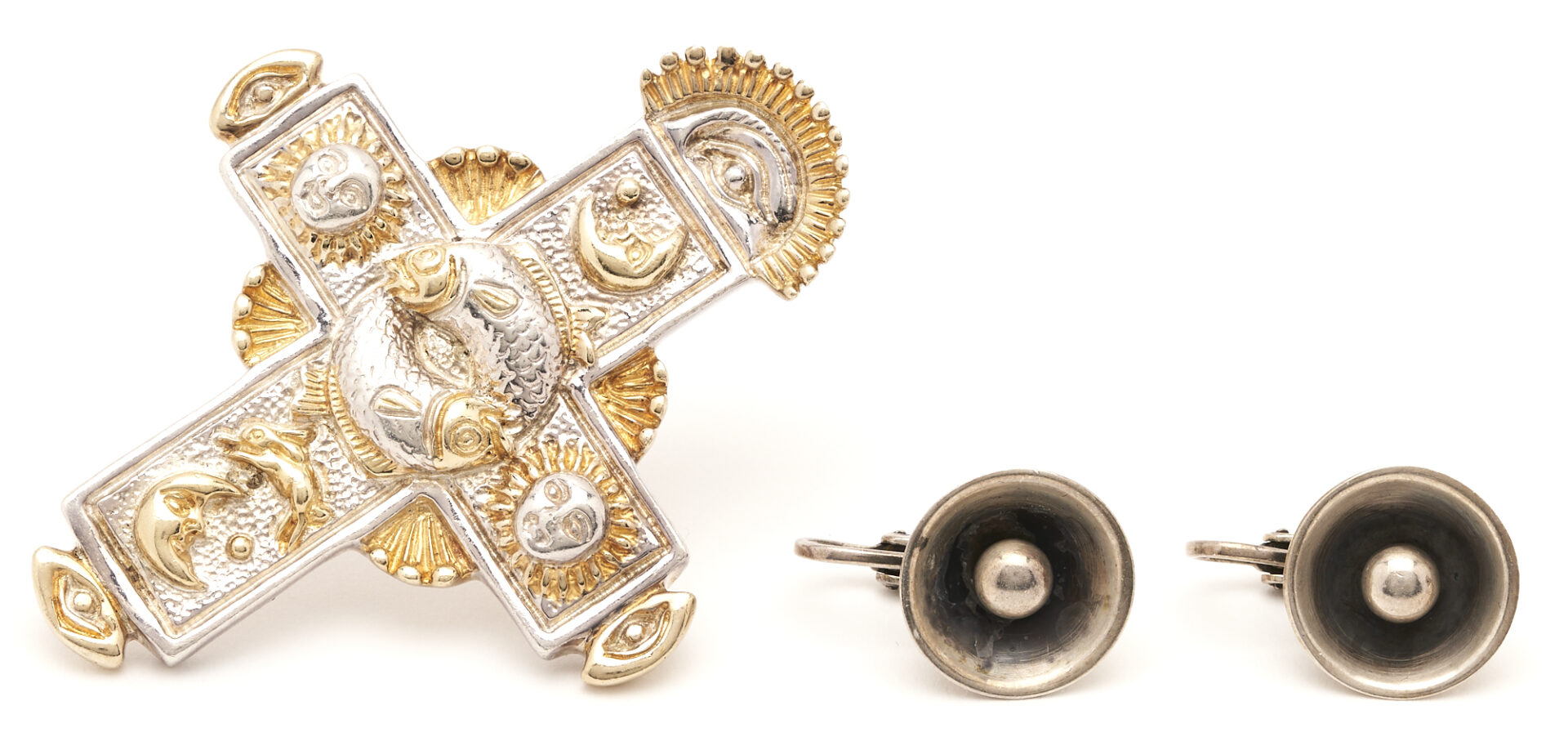 Lot 757: 2 Sterling Jewelry Items: Sergio Bustamante Cross Pendant & Orb Earrings