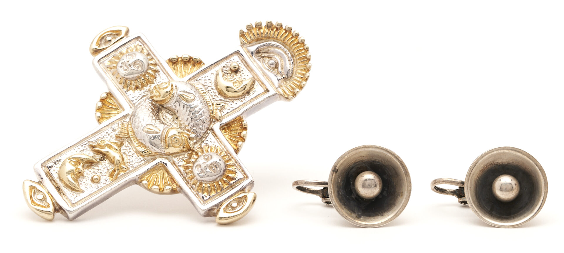 Lot 757: 2 Sterling Jewelry Items: Sergio Bustamante Cross Pendant & Orb Earrings